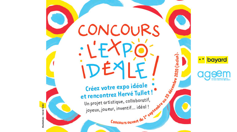 Affiche du concours 'l'expo idéale' avec hervé Tullet - EN partenariat avec l'Ageem et Bayard Editions