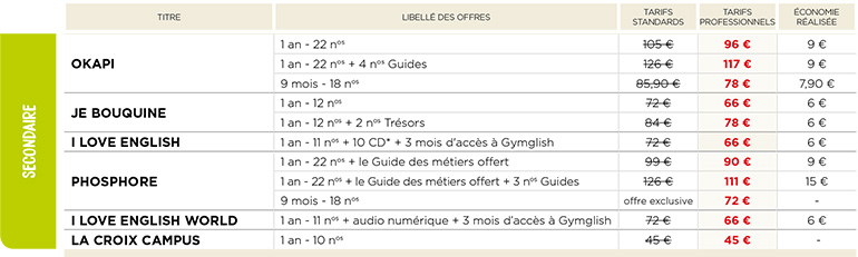 Tarifs Bayard Education 2021-2022 - Secondaire