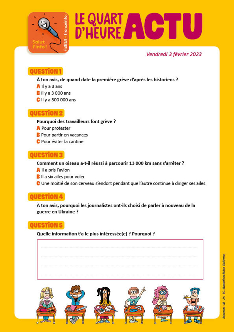 Quiz Le quart d'heure Actu. Salut l'info. 3 février 2023. Illustration : El don Guillermo.