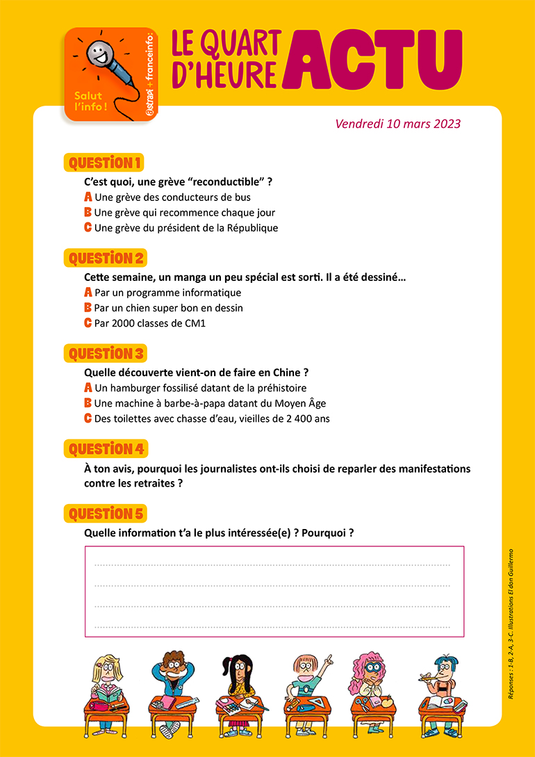 Quiz Le quart d'heure Actu. Salut l'info. 10 mars 2023. Illustration : El don Guillermo.