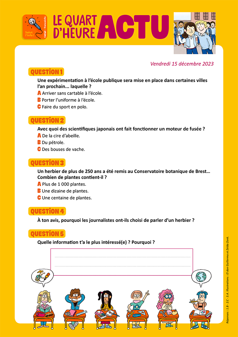 Quiz Le quart d'heure Actu. Salut l'info. 15 décembre 2023. Illustration : El don Guillermo et Zelda Zonk.