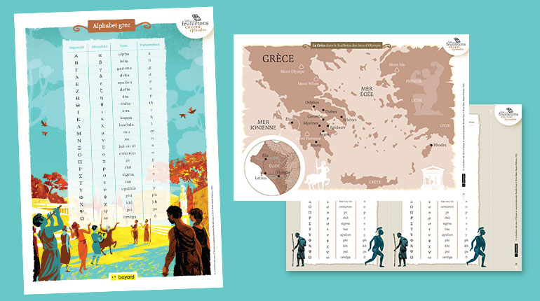 Carte Grèce et fiche alphabet. Préparer les JO avec Les Jeux d’Olympie de Murielle Szac.