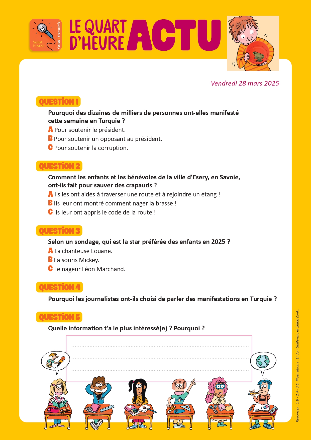 Quiz Quart d'heure Actu du 28 mars 2025. Sauvetage de crapauds. Illustrations : El don Guillermo et Zelda Zonk.
