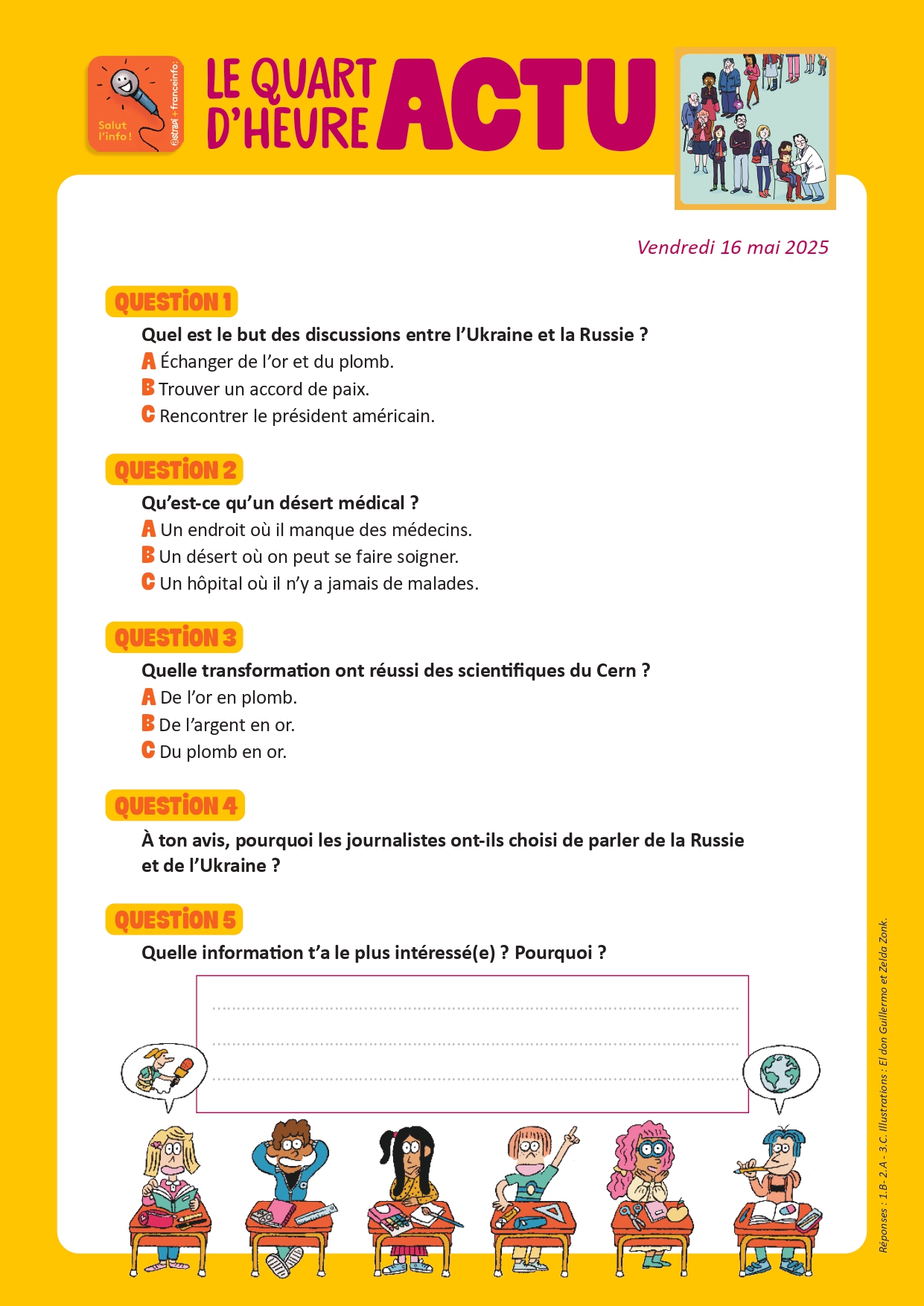 Quiz Quart d'heure Actu du 16 mai 2025. Déserts médicaux en France. Illustrations : El don Guillermo et Zelda Zonk.