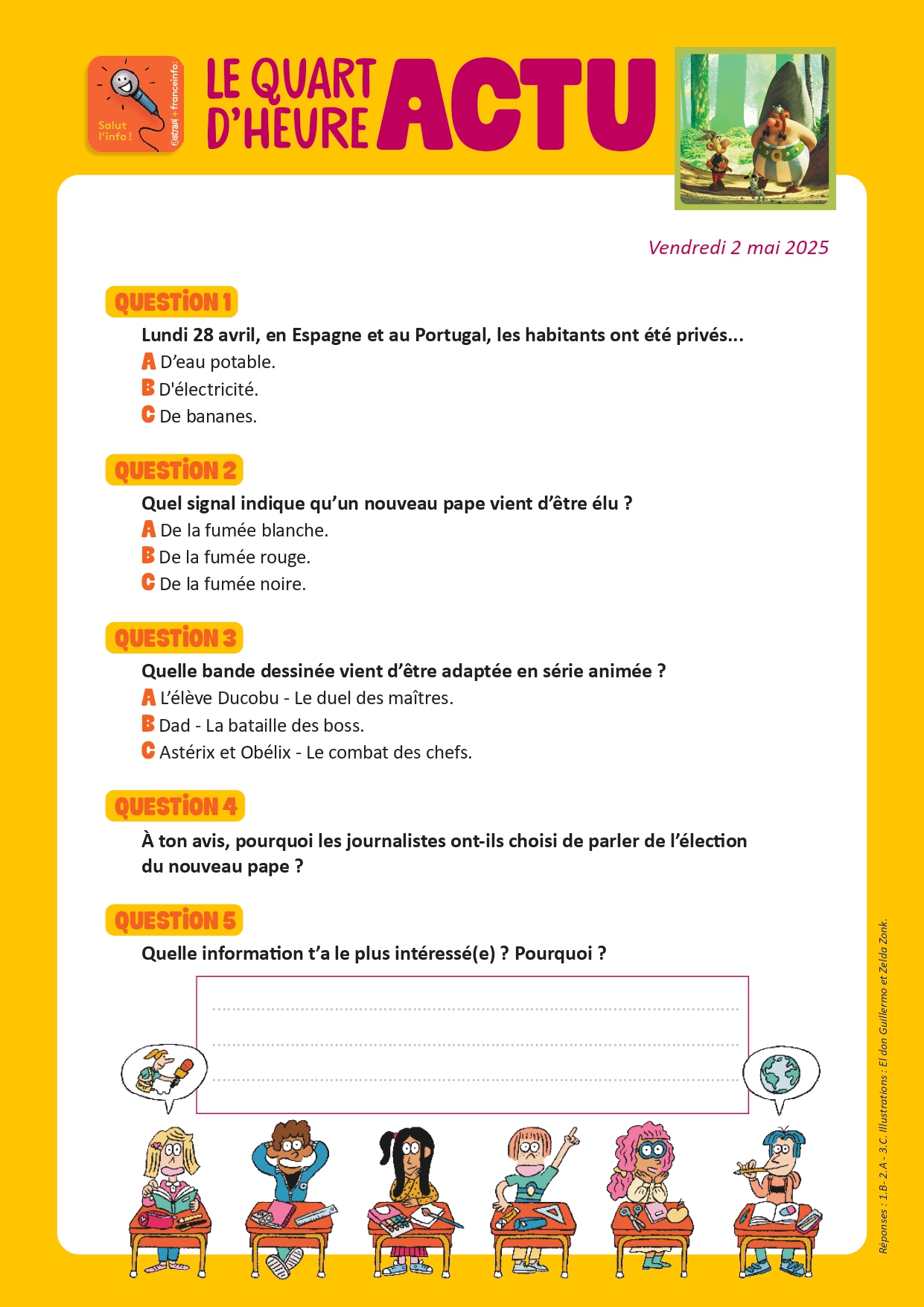 Quiz Quart d'heure Actu du 2 mai 2025. Astérix et Obélix, la série. Illustrations : El don Guillermo et Zelda Zonk.