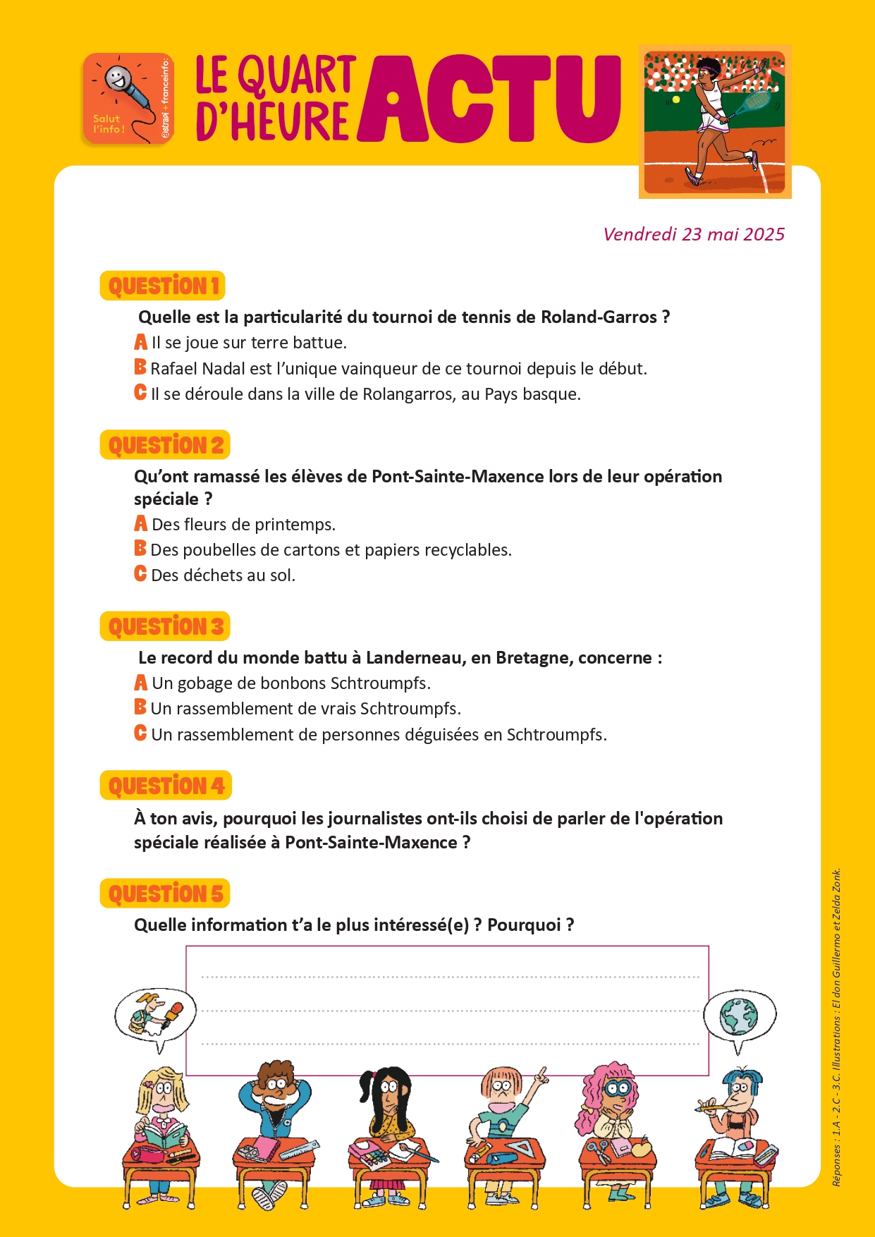 Quiz Quart d'heure Actu du 23 mai 2025.Le tournoi de Roland-Garros. Illustrations : El don Guillermo et Zelda Zonk.