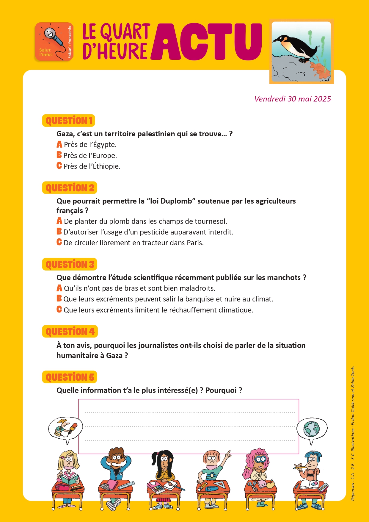 Quiz Quart d'heure Actu du 30 mai 2025. Manchots. Illustrations : El don Guillermo et Zelda Zonk.