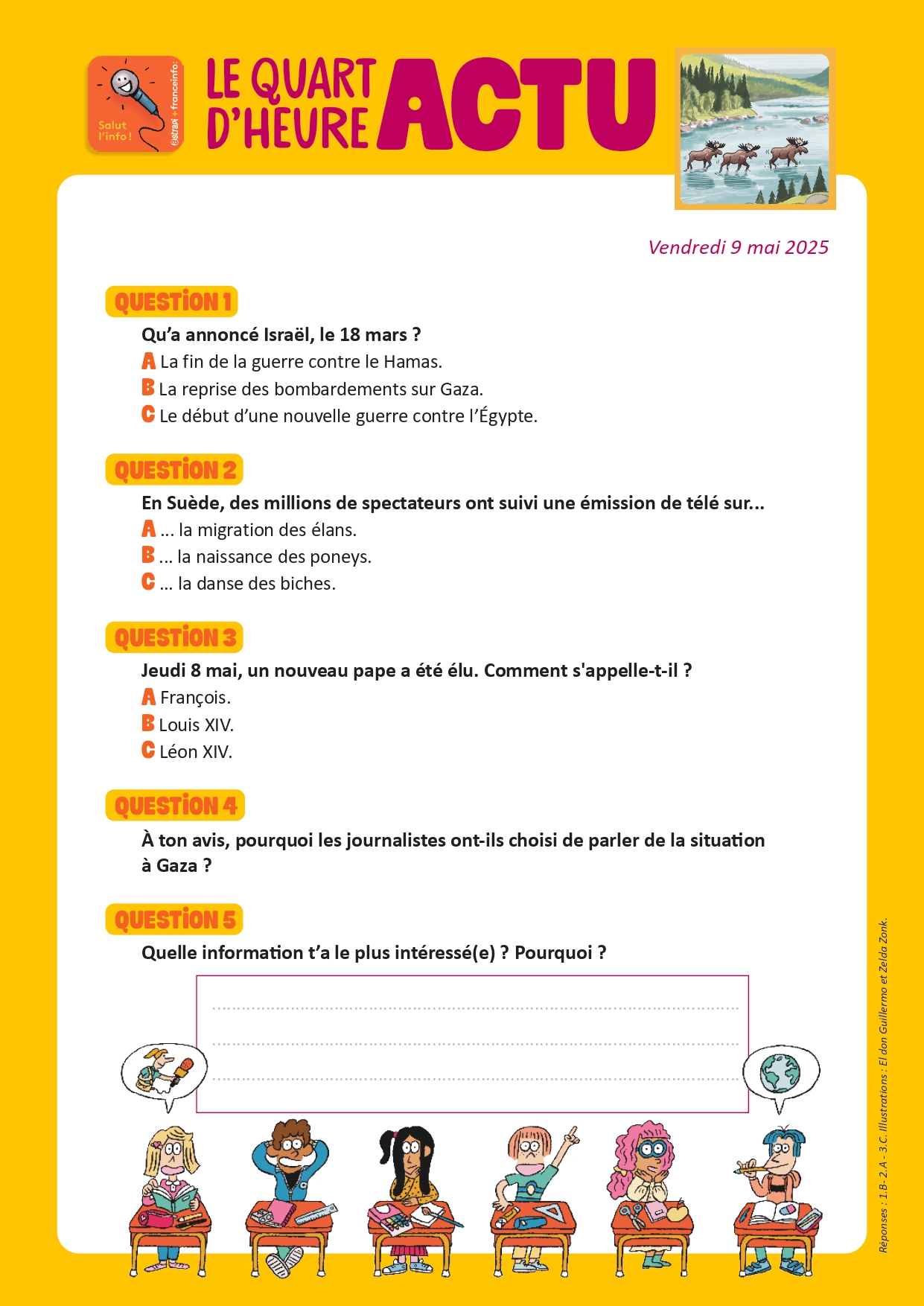 Quiz Quart d'heure Actu du 9 mai 2025. La migration des élans. Illustrations : El don Guillermo et Zelda Zonk.