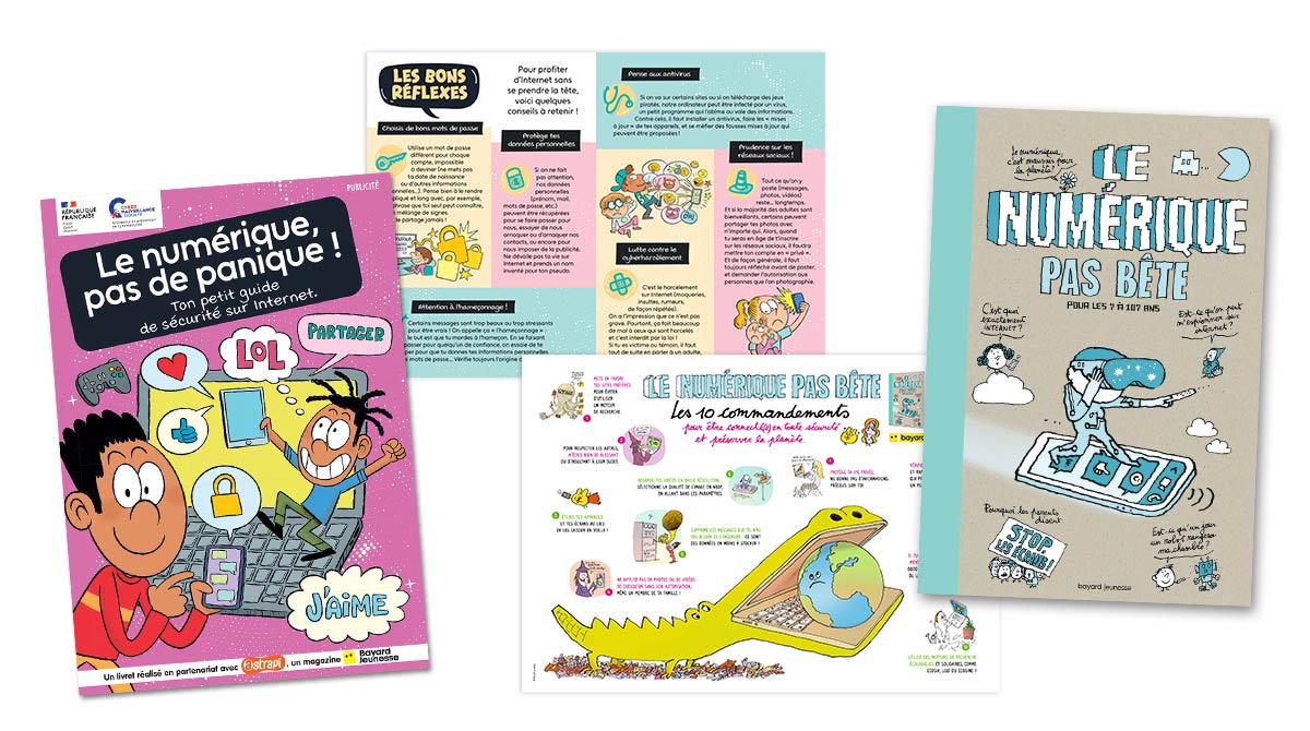 Article "Les bons réflexes pour protéger notre vie numérique". Livret "Le numérique, pas de panique" et poster "Les 10 commandements pour être connecté(e) en toute sécurité et préserver la planète".