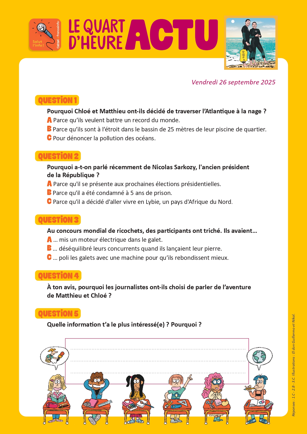 Quiz Quart d'heure Actu du 26 septembre 2025. Chloé Léger et Matthieu Witvoet : la traversée de l'Atlantique à a nage. Illustrations : El don Guillermo et Nikol.