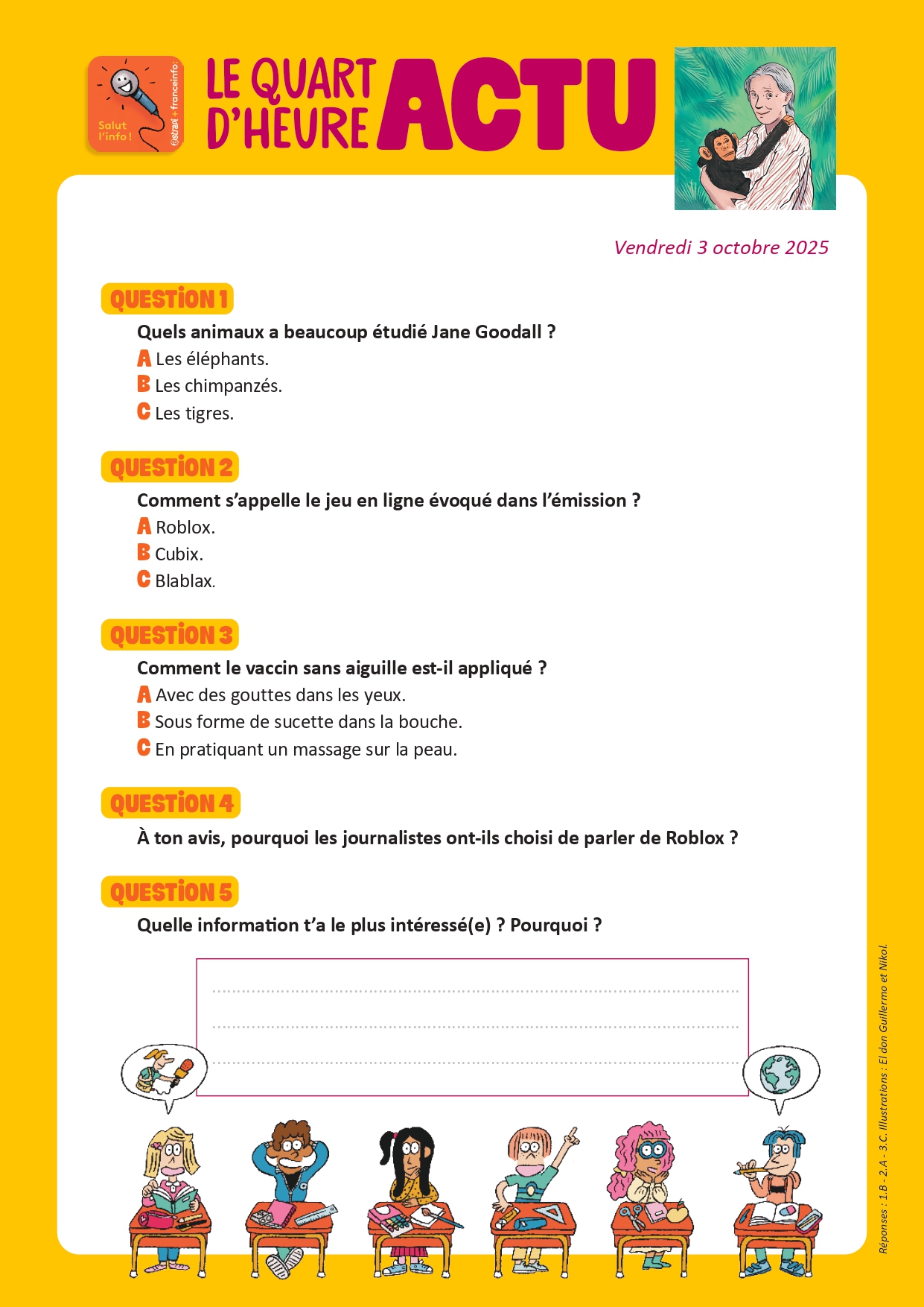 Quiz Quart d'heure Actu du 3 octobre 2025. Jane Goodall. Illustrations : El don Guillermo et Nikol.