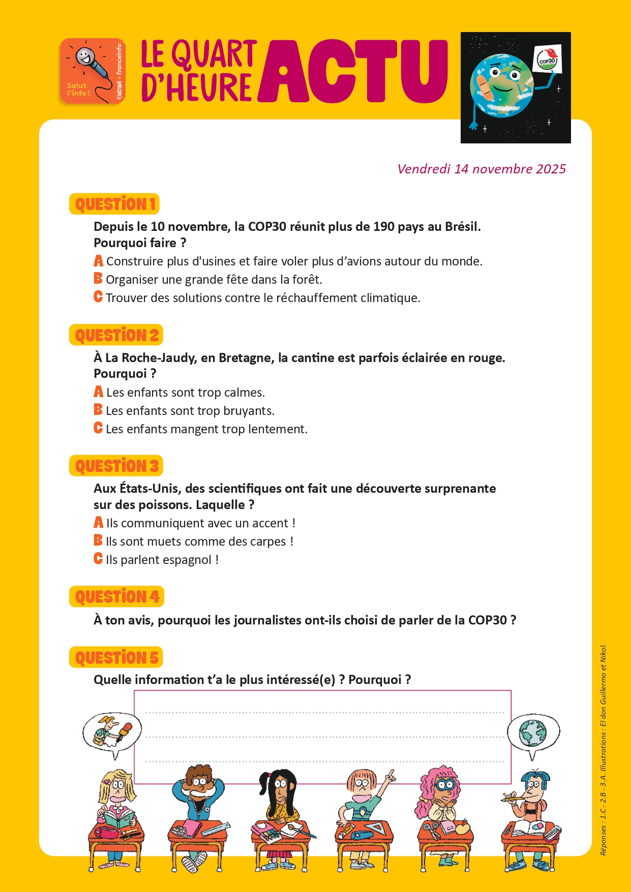 Quiz Quart d'heure Actu du 14 novembre 2025. La COP30 au Brésil. Illustrations : El don Guillermo et Nikol.
