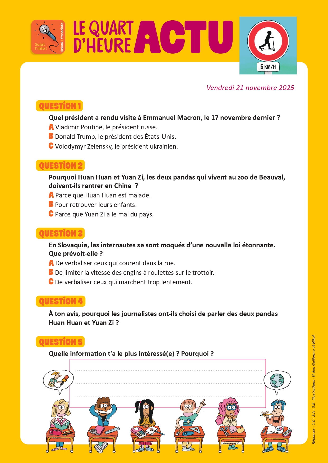 Quiz Quart d'heure Actu du 21 novembre 2025. Trottinettes en Slovaquie. Illustrations : El don Guillermo et Nikol.