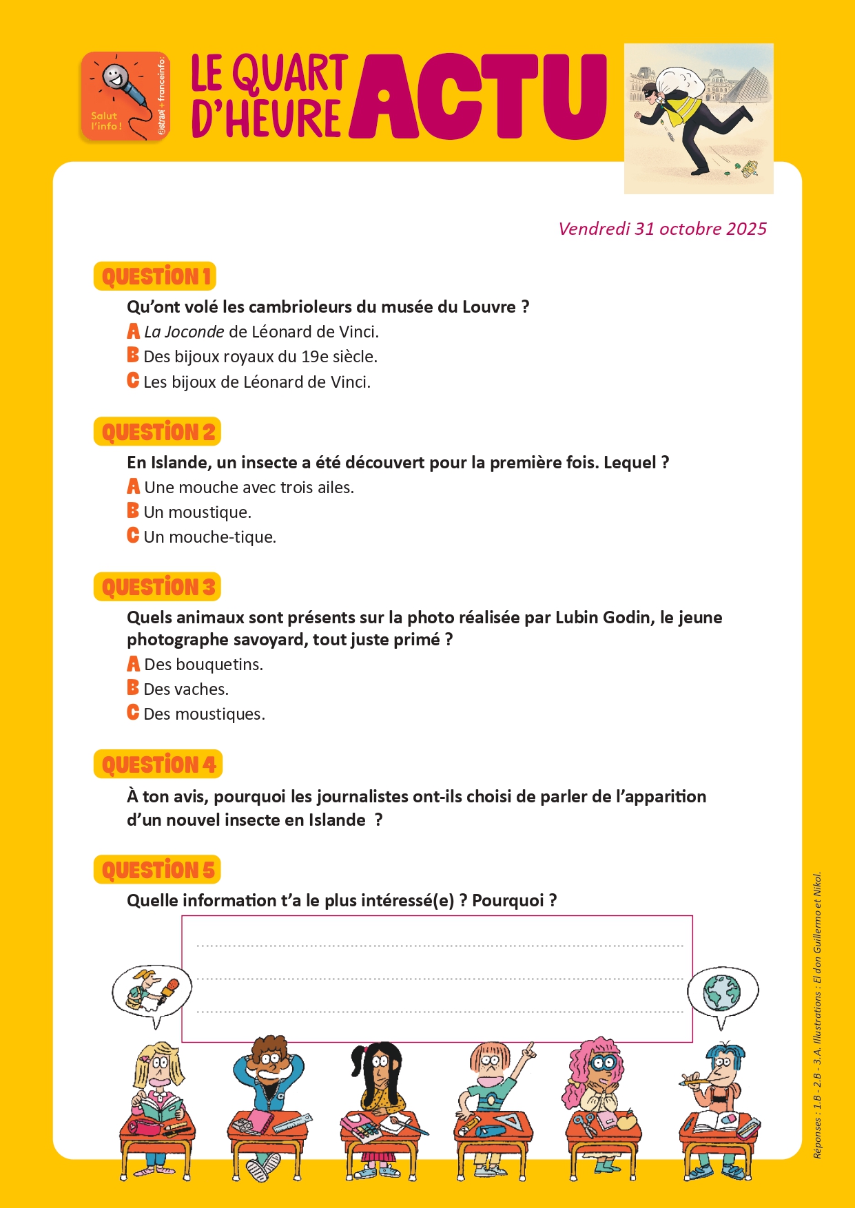 Quiz Quart d'heure Actu du 31 octobre 2025. Cambriolage au Louvre. Illustrations : El don Guillermo et Nikol.