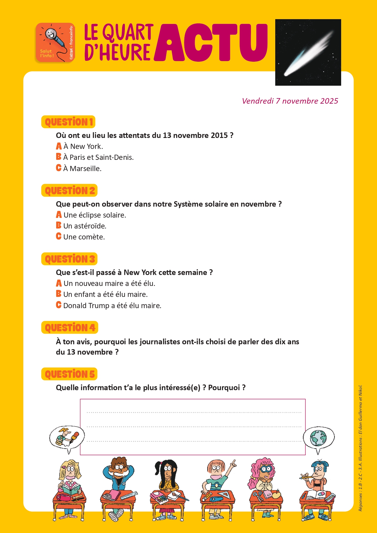 Quiz Quart d'heure Actu du 7 novembre 2025. Comète 3I/Atlas. Illustrations : El don Guillermo et Nikol.