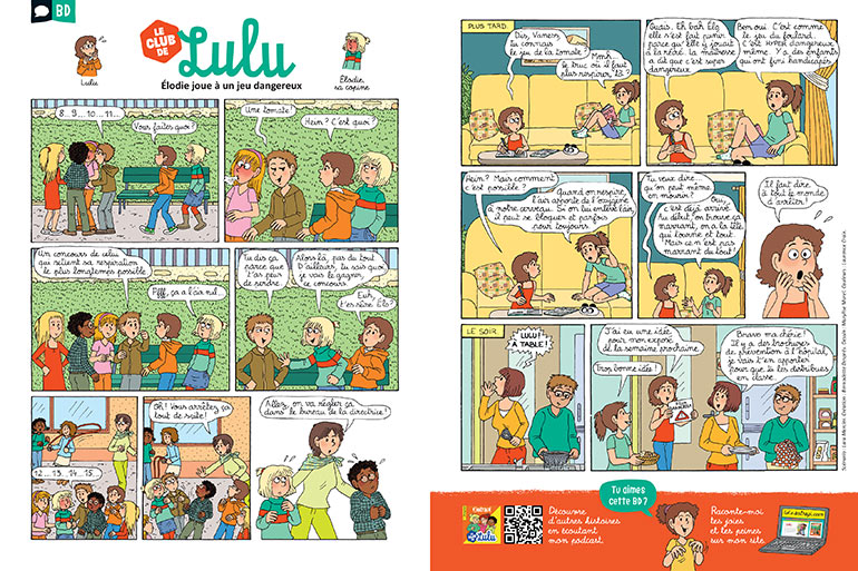 Le club de Lulu : “Élodie joue à un jeu dangereux”. Astrapi n° 1059, 1er juin 2025. Illustration : Marylise Morel.