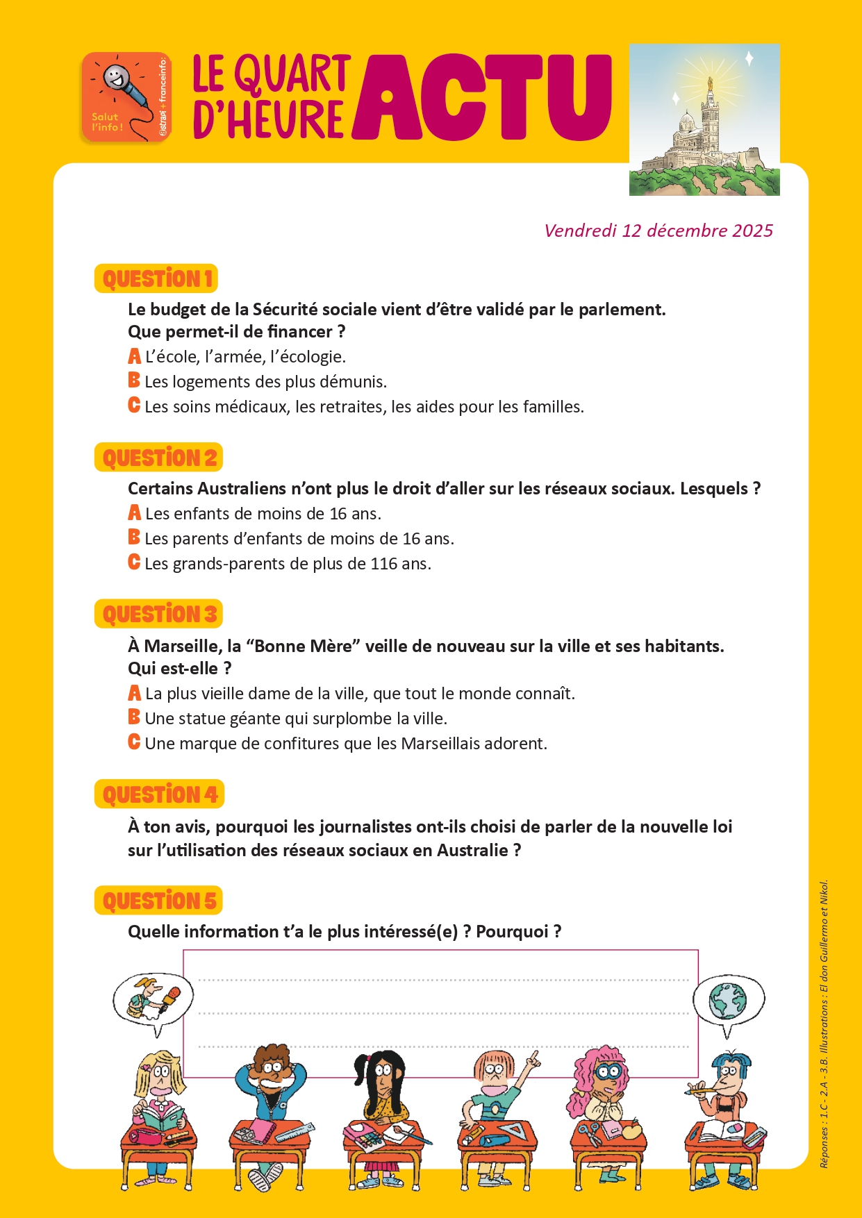 Quiz Quart d'heure Actu du 12 décembre 2025. La Bonne Mère restaurée. Illustrations : El don Guillermo et Nikol.