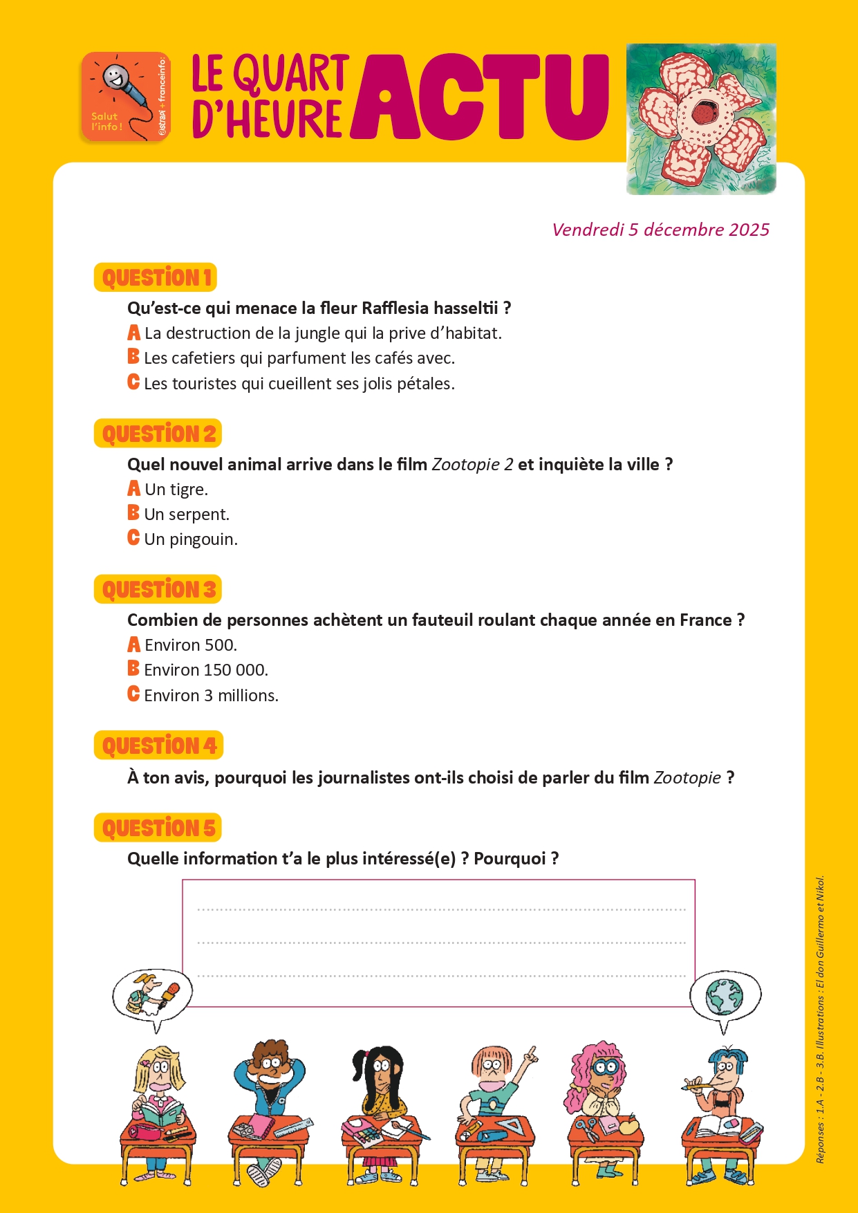 Quiz Quart d'heure Actu du 5 décembre 2025. L'éclosion d'une Rafflesia hasseltii, l'une des plantes les plus rares au monde. Illustrations : El don Guillermo et Nikol.