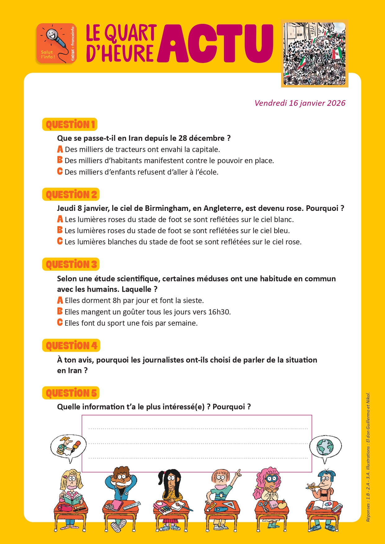 Quiz Quart d'heure Actu du 16 janvier 2026. Manifestations en Iran. Illustrations : El don Guillermo et Nikol.