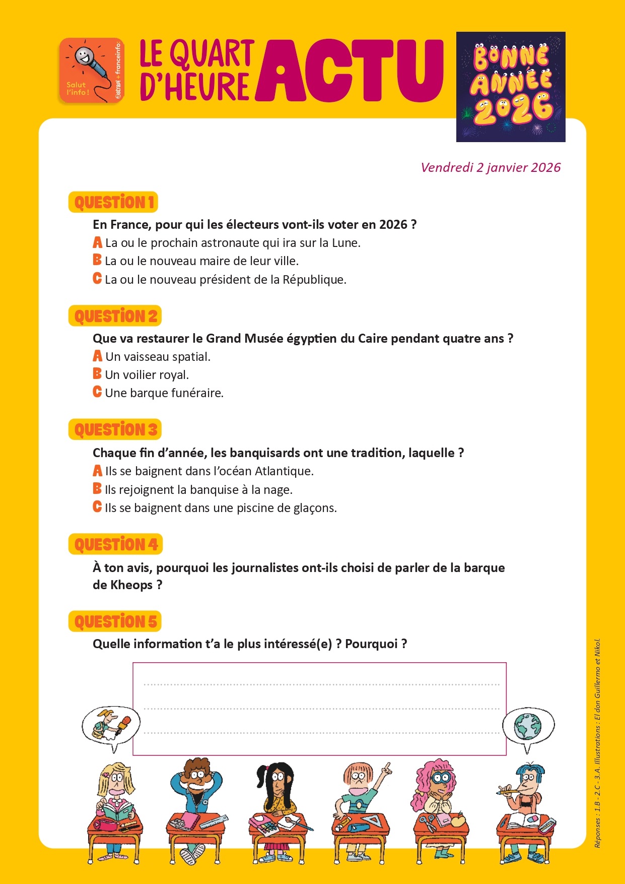 Quiz Quart d'heure Actu du 2 janvier 2026. Bonne année 2026. Illustrations : El don Guillermo et Nikol.