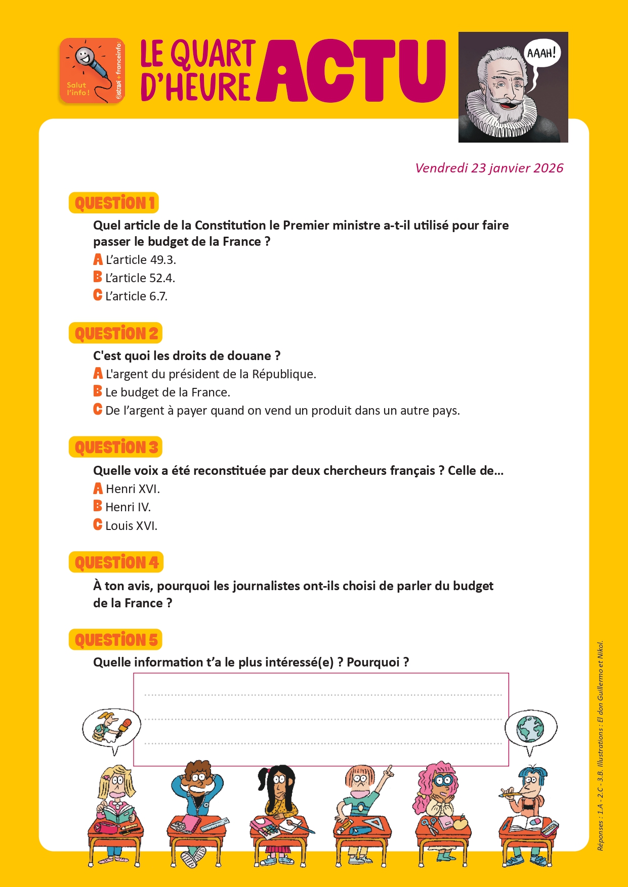 Quiz Quart d'heure Actu du 23 janvier 2026. La voix d'Henri IV. Illustrations : El don Guillermo et Nikol.