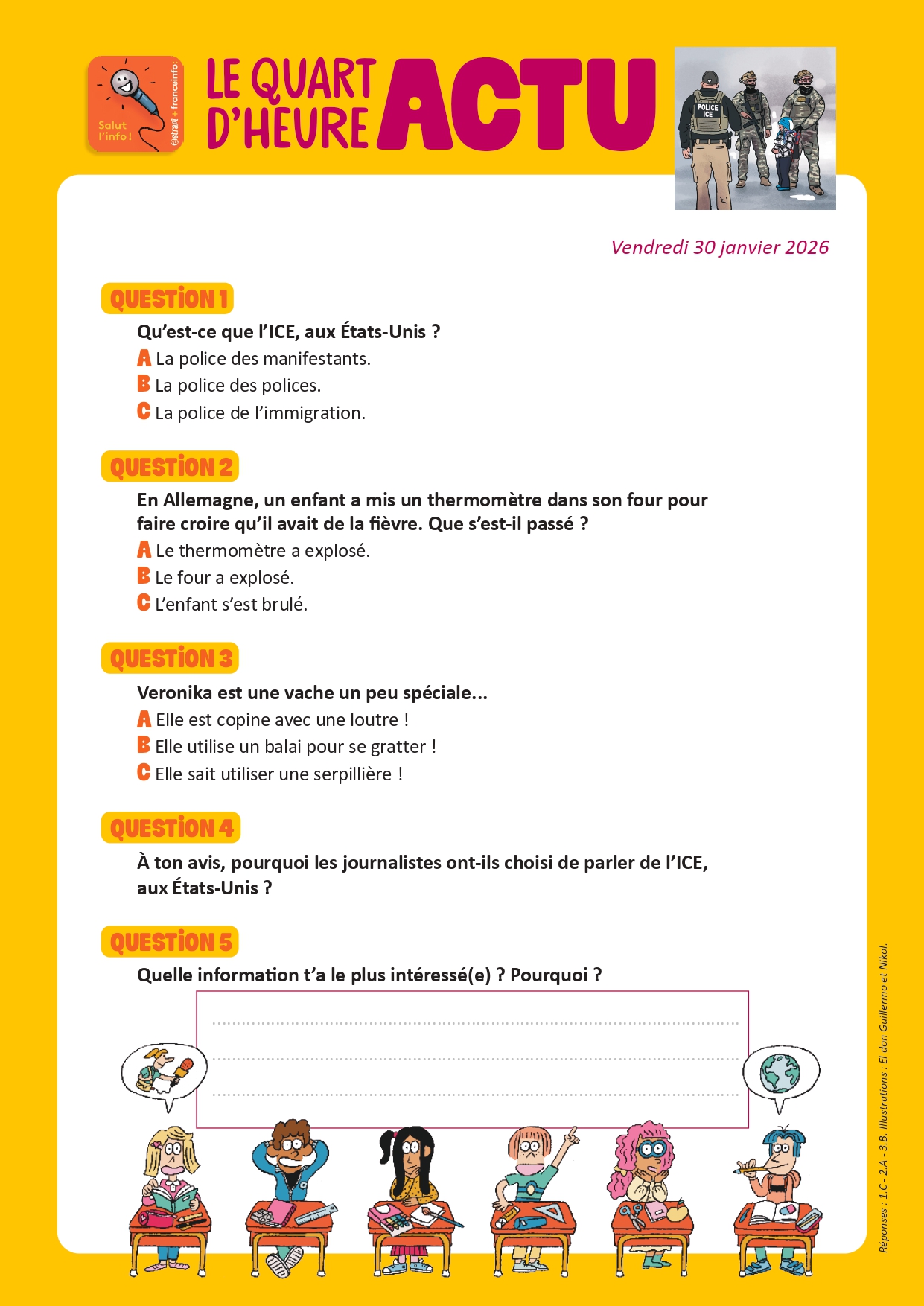 Quiz Quart d'heure Actu du 30 janvier 2026. L'ICE aux États-Unis. Illustrations : El don Guillermo et Nikol.