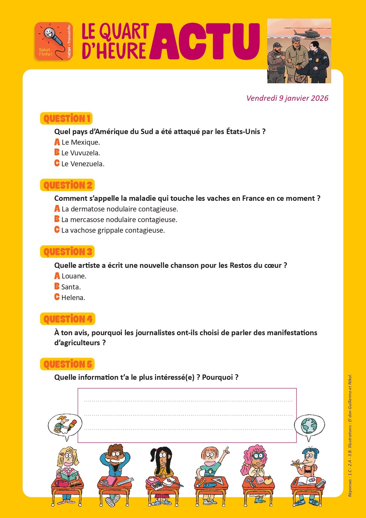 Quiz Quart d'heure Actu du 9 janvier 2026. Arrestation de Nicolas Maduro. Illustrations : El don Guillermo et Nikol.