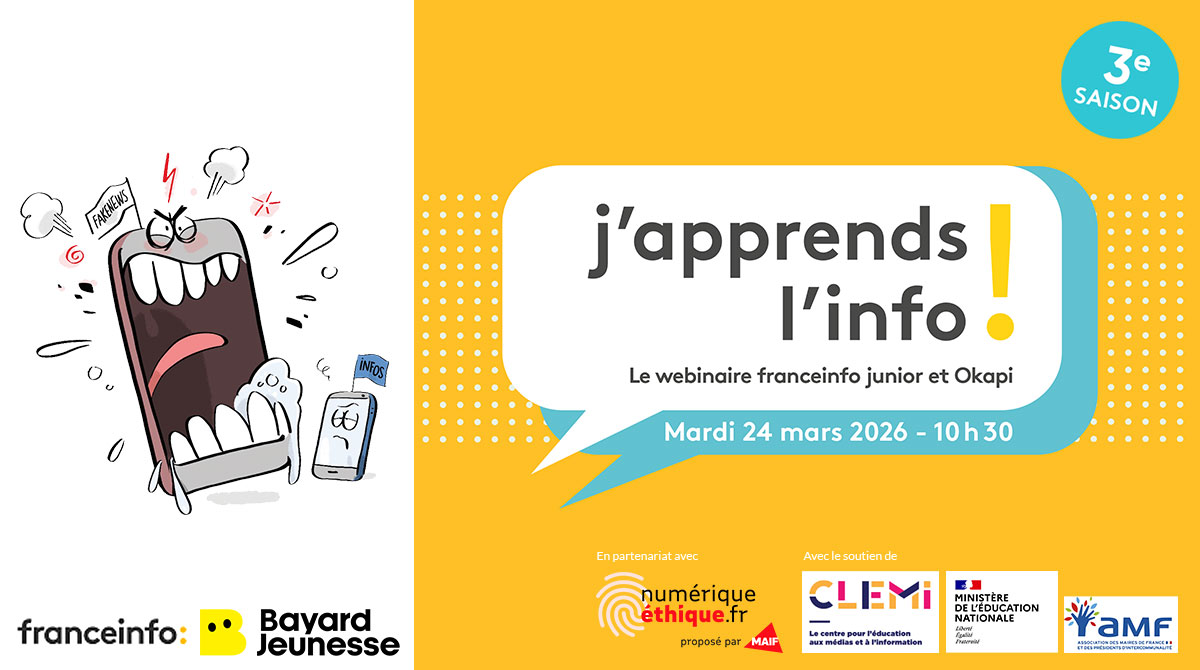 Webinaire franceinfojunior-Okapi - 3e saison : “Les fake news vont-elles prendre le pouvoir ?” Illustration : Jérôme Sié.