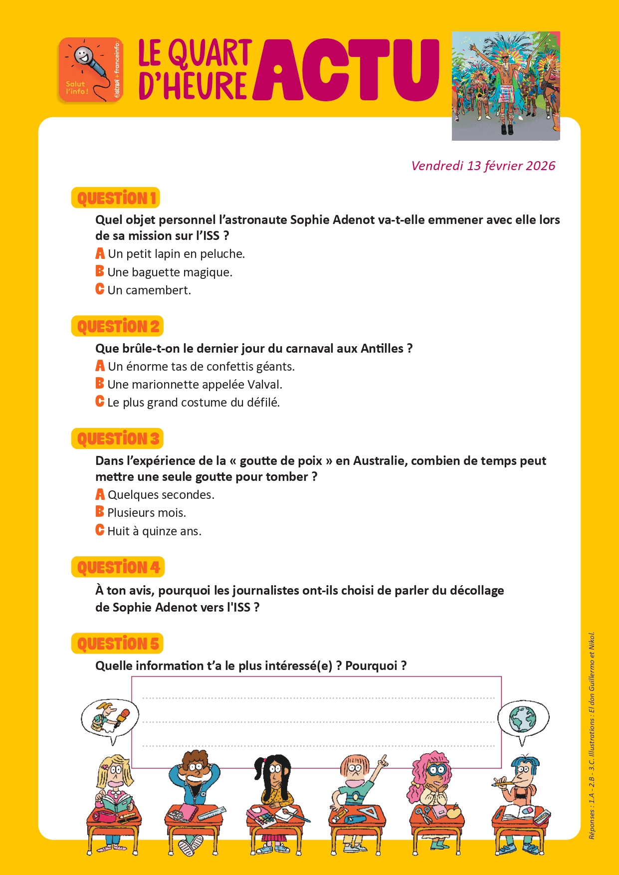Quiz Quart d'heure Actu du 13 février 2026. Carnaval aux Antilles. Illustrations : El don Guillermo et Nikol.