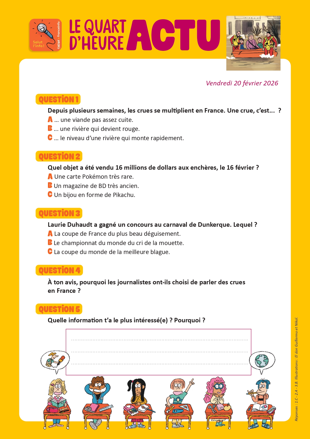 Quiz Quart d'heure Actu du 203 février 2026. Les crues en France. Illustrations : El don Guillermo et Nikol.