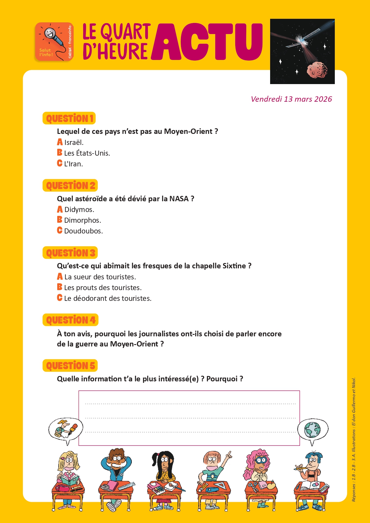 Quiz Quart d'heure Actu du 13 mars 2026. Astéroïde dévié par la NASA. Illustrations : El don Guillermo et Nikol.