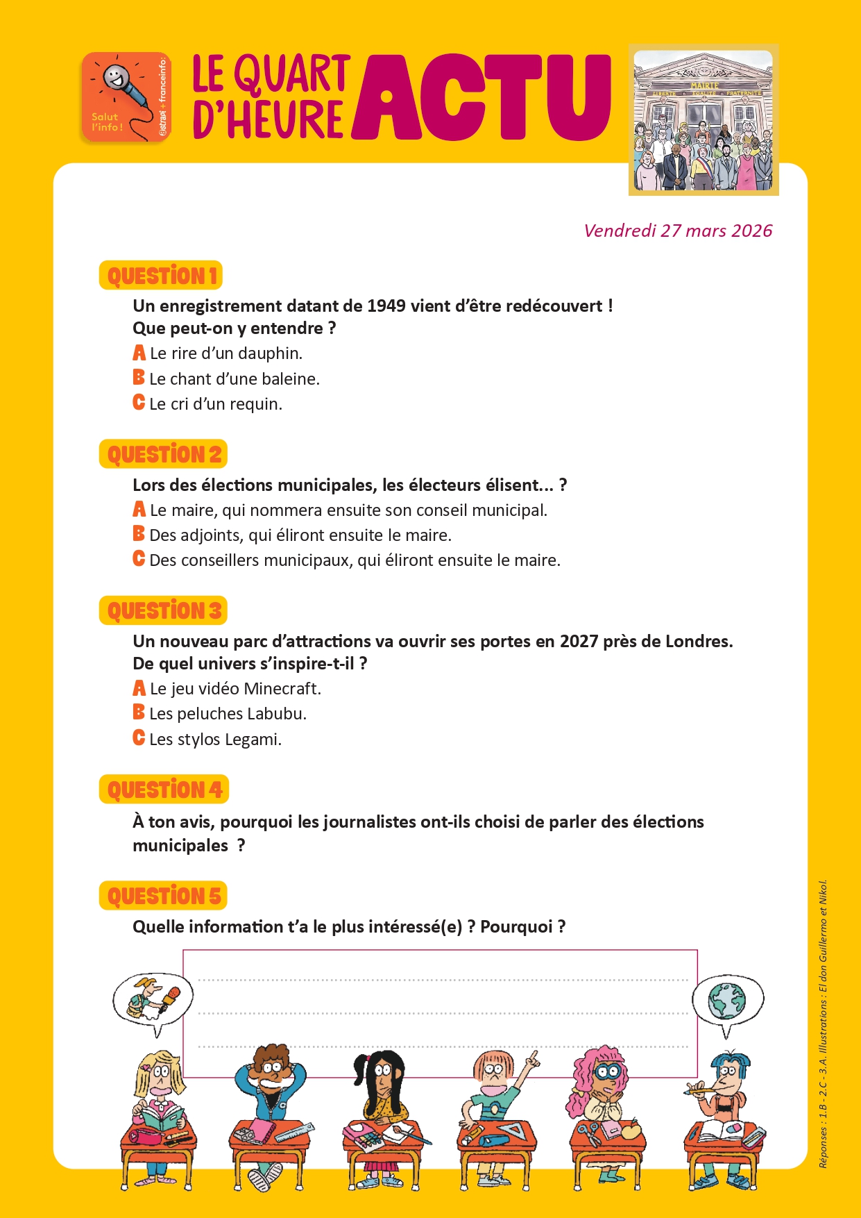 Quiz Quart d'heure Actu du 27 mars 2026. Nouveaux maires. Illustrations : El don Guillermo et Nikol.