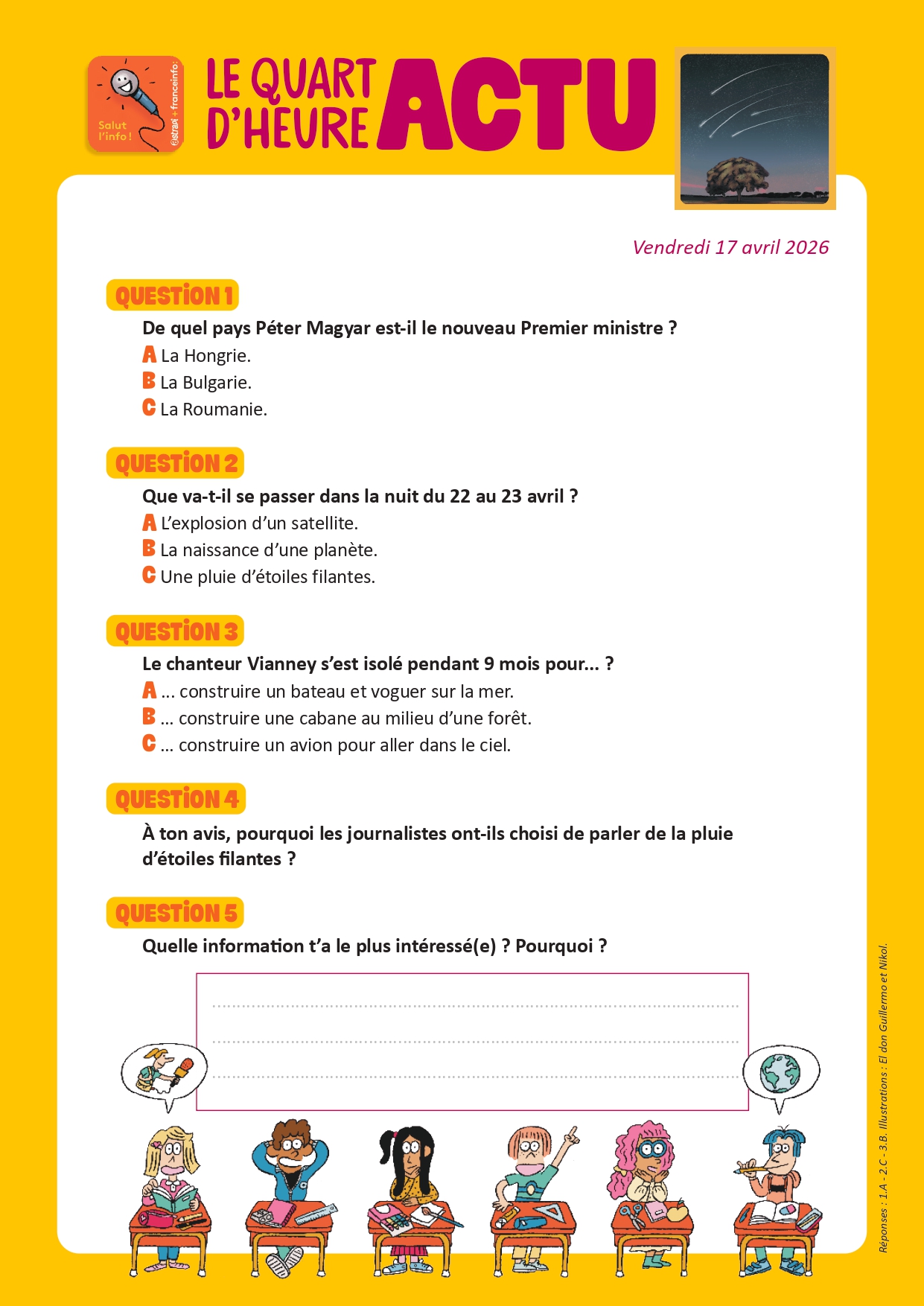 Quiz Quart d'heure Actu du 17 avril 2026. Pluie d'étoiles filantes. Illustrations : El don Guillermo et Nikol.