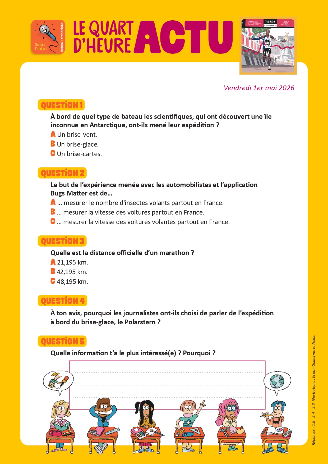 Quiz Quart d'heure Actu du 1er mai 2026. Record au marathon. Illustrations : El don Guillermo et Nikol.
