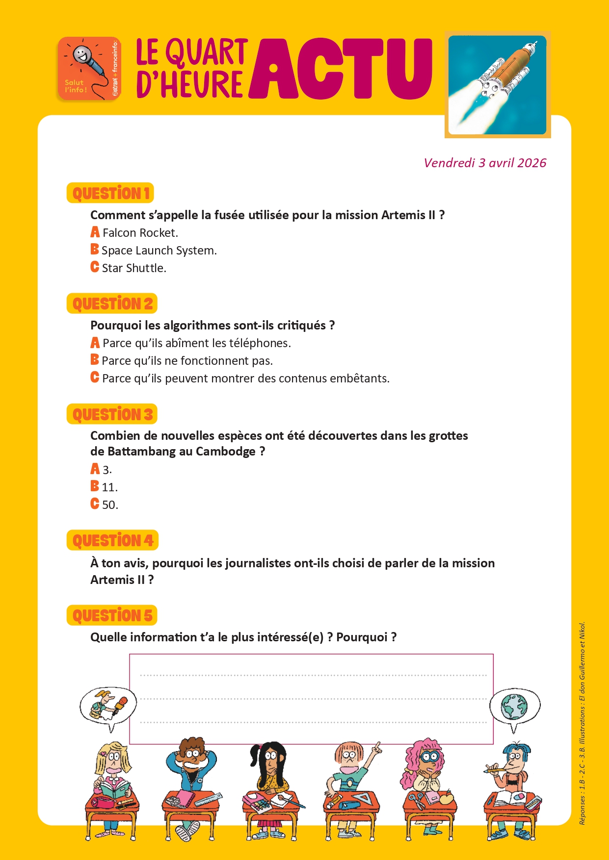 Quiz Quart d'heure Actu du 3 avril 2026. Mission Artemis-2. Illustrations : El don Guillermo et Nikol.