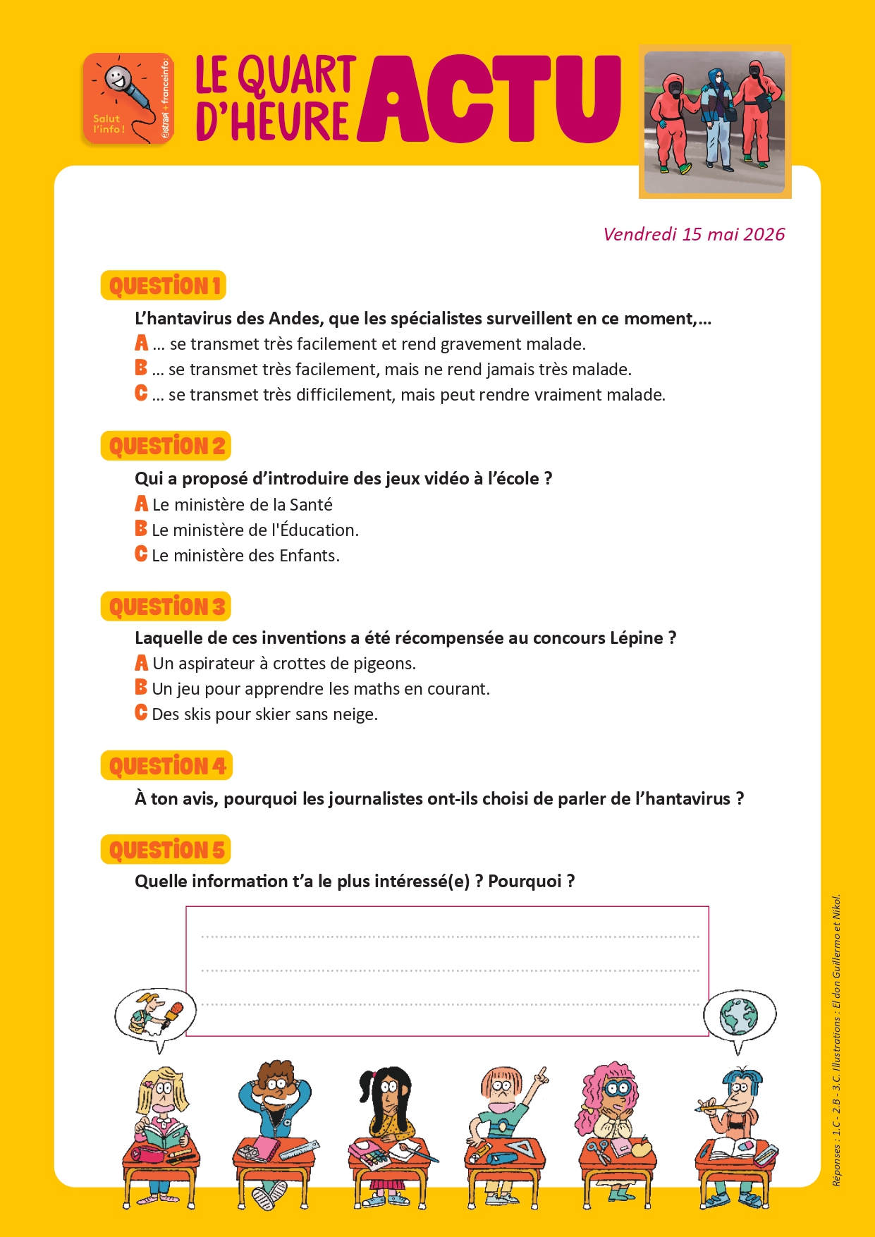 Quiz Quart d'heure Actu du 15 mai 2026. Hantavirus. Illustrations : El don Guillermo et Nikol.