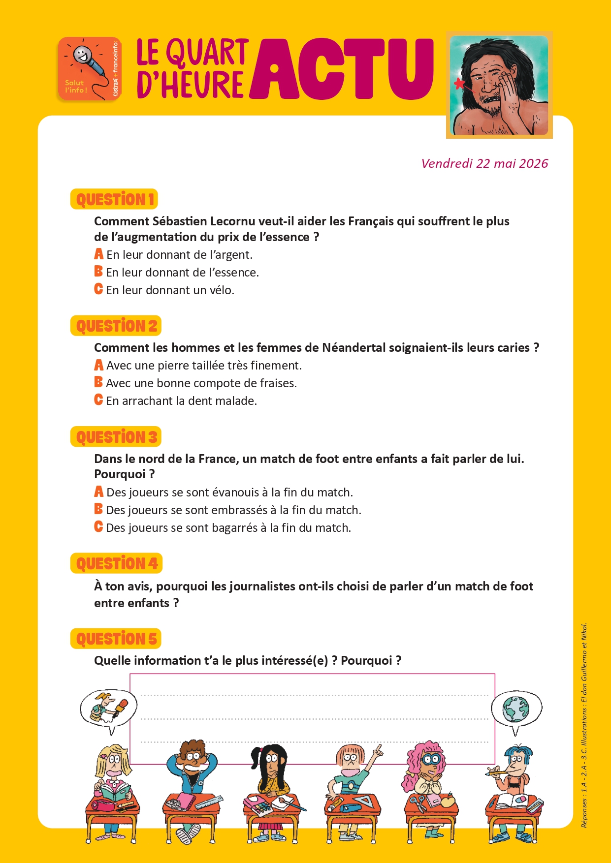 Quiz Quart d'heure Actu du 22 mai 2026. Soins dentaires de Néandertal. Illustrations : El don Guillermo et Nikol.