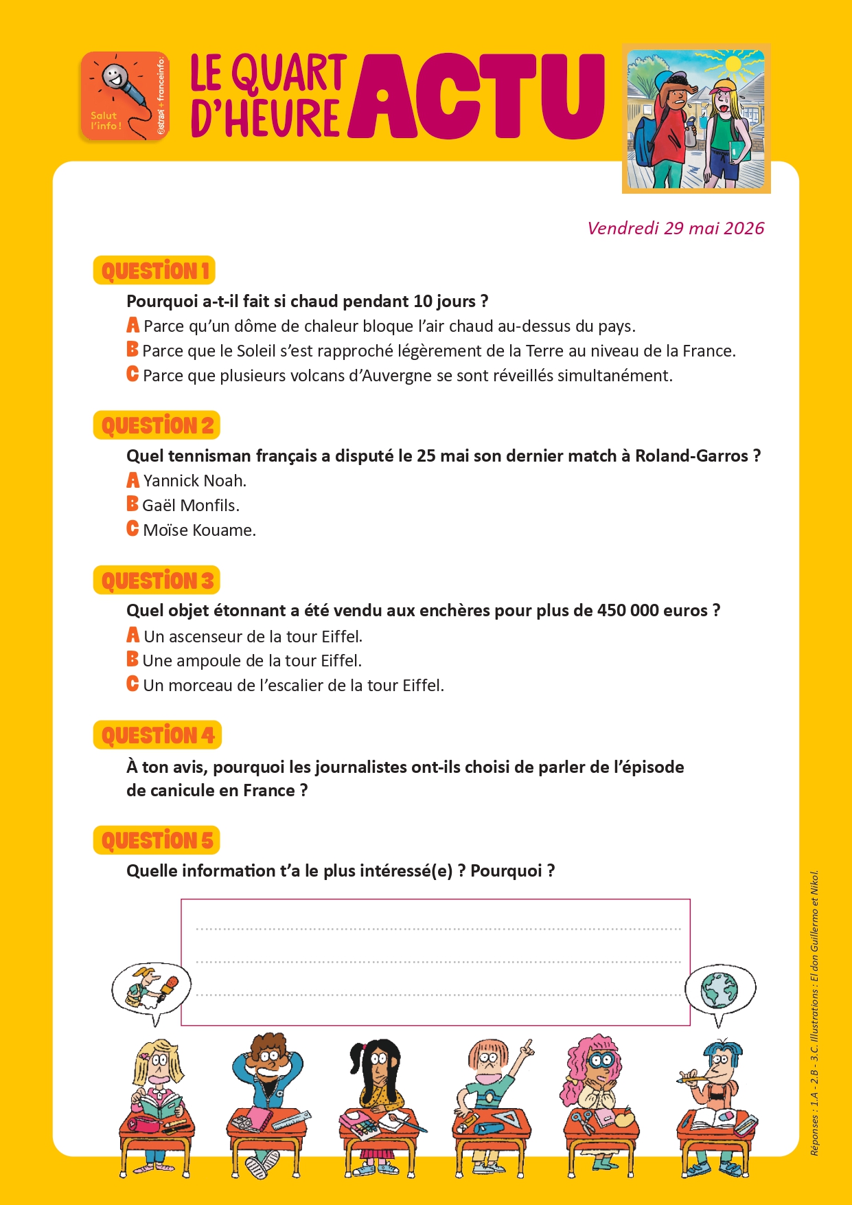 Quiz Quart d'heure Actu du 29 mai 2026. Canicule en France. Illustrations : El don Guillermo et Nikol.