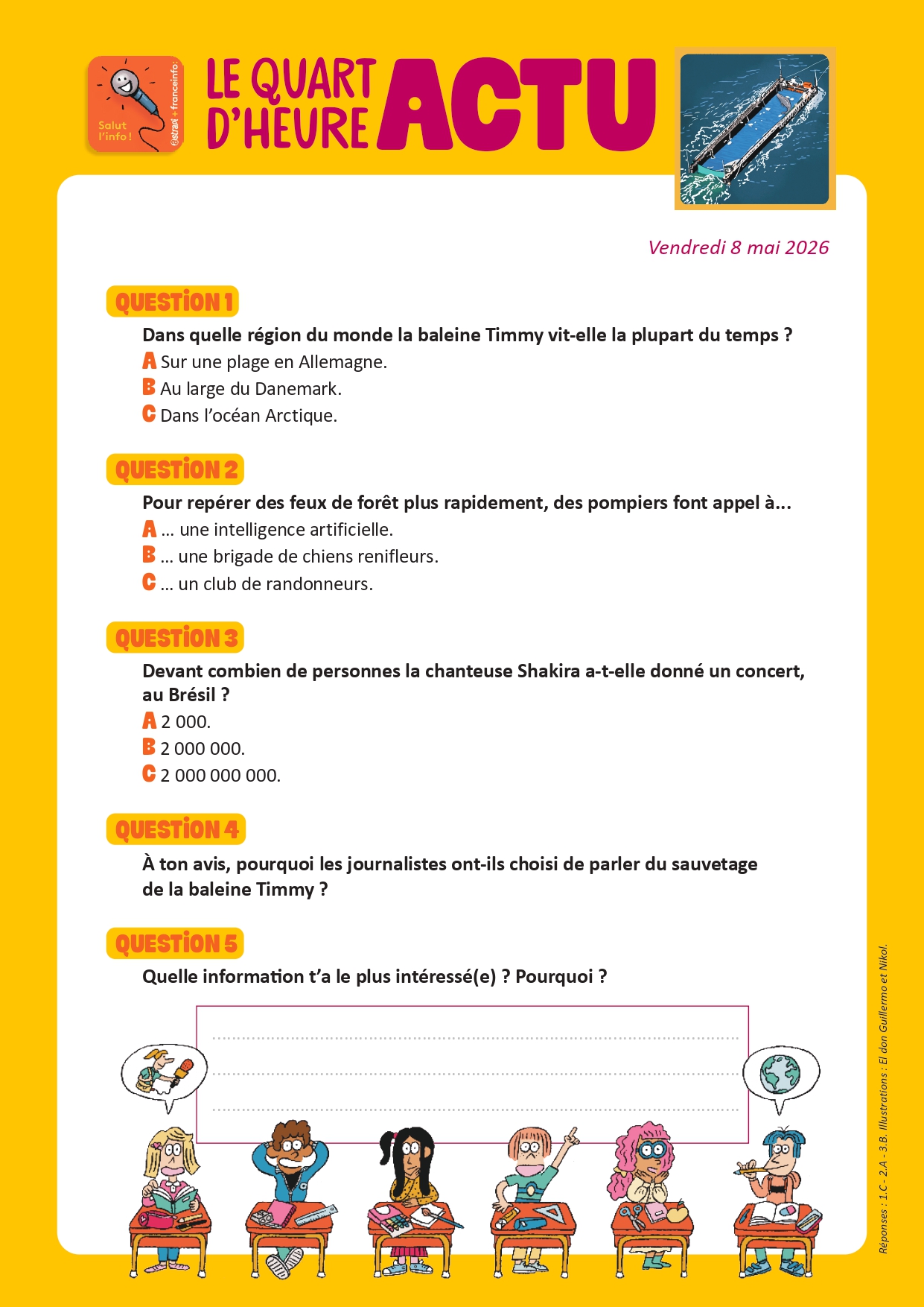 Quiz Quart d'heure Actu du 8 mai 2026. Sauvetage de Timmy la baleine. Illustrations : El don Guillermo et Nikol.