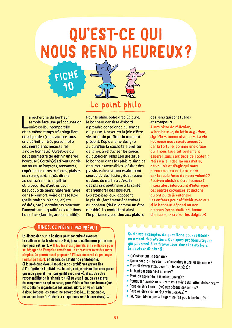 Mallette Ateliers philo avec les Petits Philosophes. Fiche pédagogique de la séquence découverte “Qu'est-ce qui nous rend heureux ?”