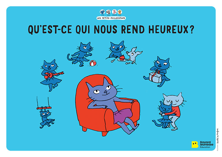 Mallette Ateliers philo avec les Petits Philosophes. Affiche de la séquence découverte “Qu'est-ce qui nous rend heureux ?”