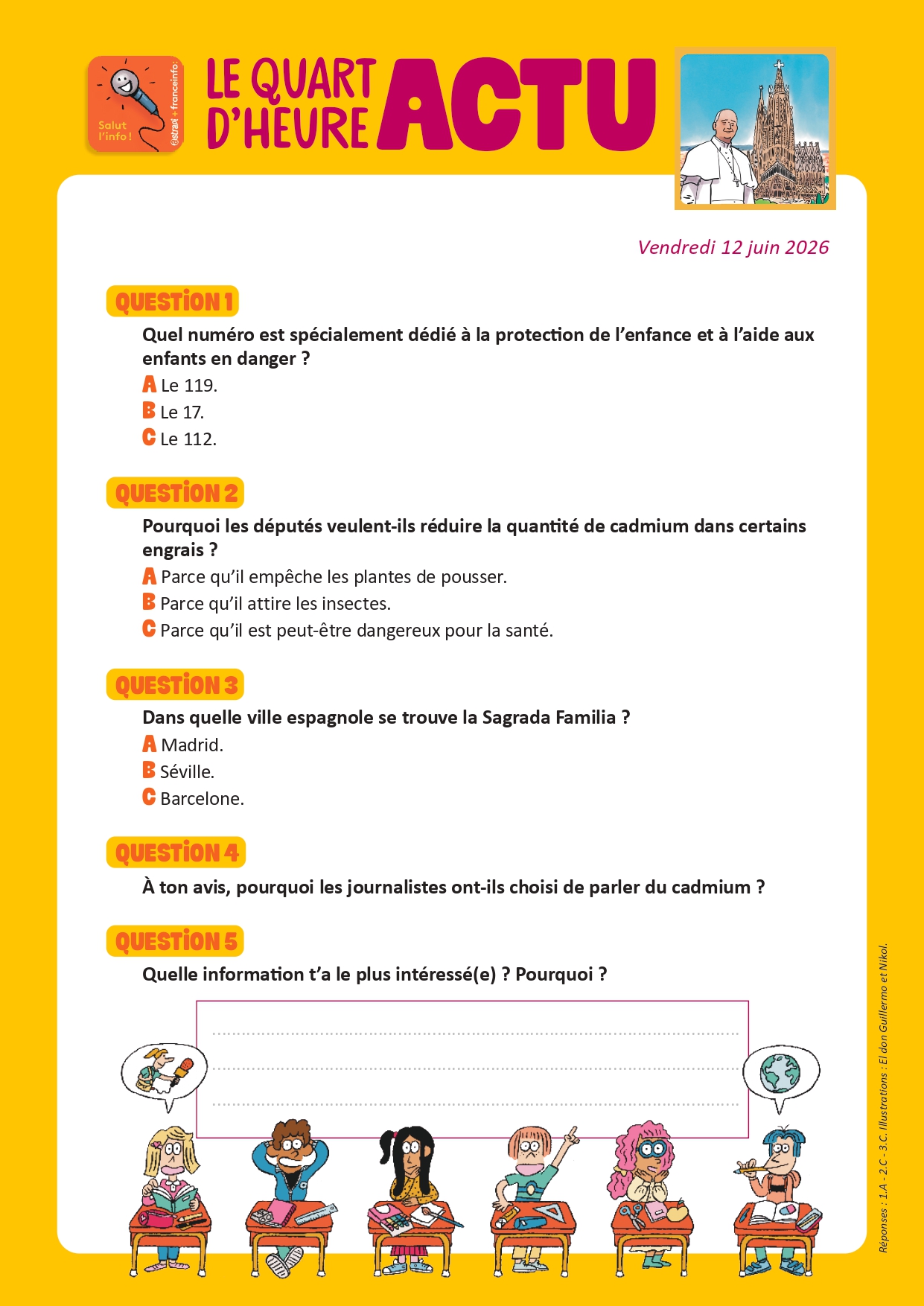 quiz Quart d'heure Actu du 12 juin 2026. Léon XIV et la Sagrada Familia. Illustrations : El don Guillermo et Nikol.
