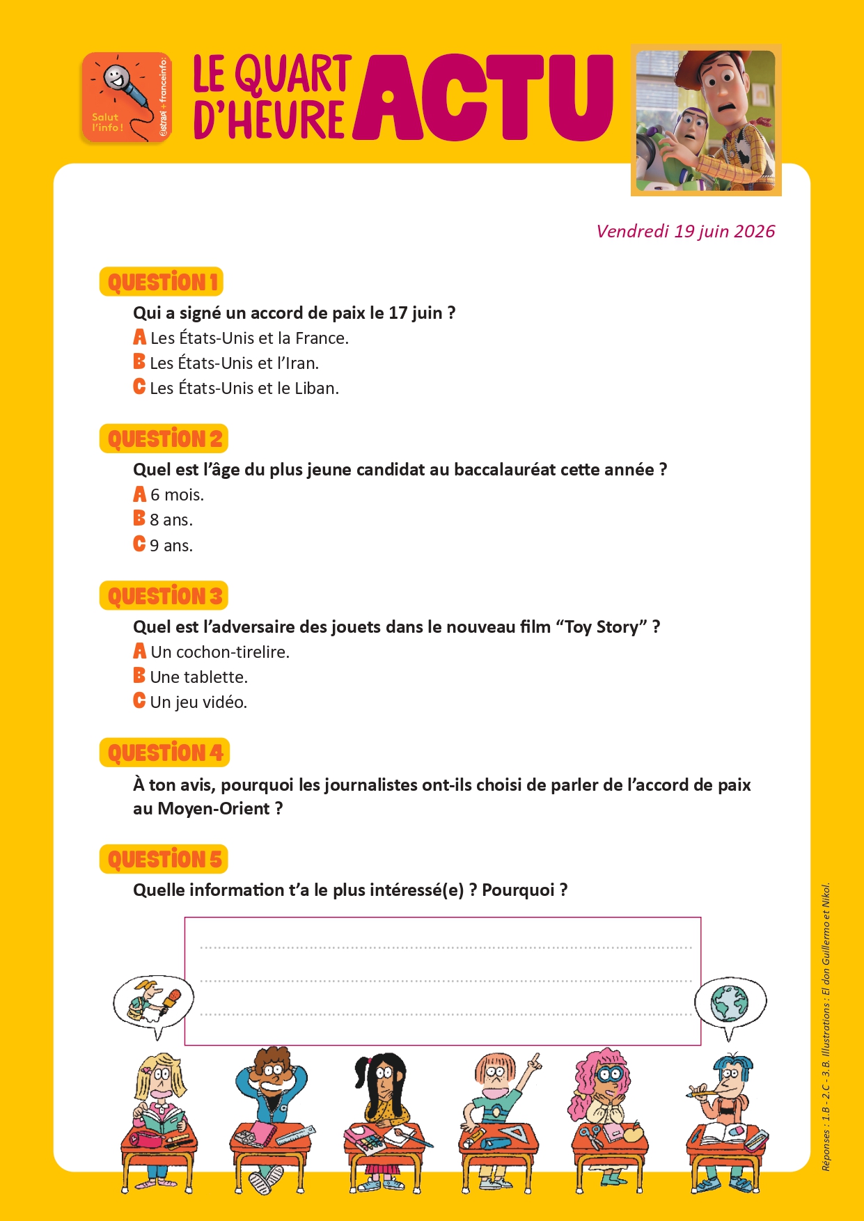 Quiz Quart d'heure Actu du 19 juin 2026. Toy Story 5. Illustrations : El don Guillermo et Nikol.