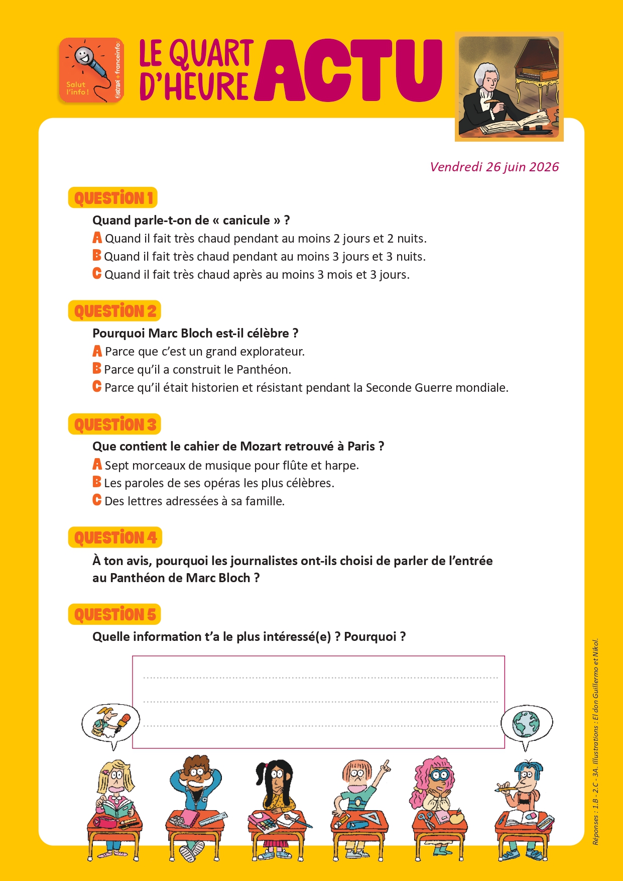 Quiz Quart d'heure Actu du 26 uin 2026. Mozart. Illustrations : El don Guillermo et Nikol.