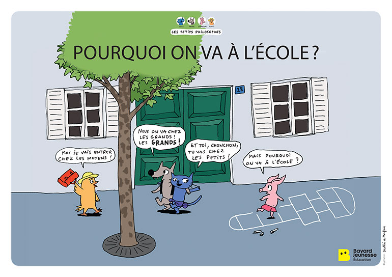 Le poster. "Pourquoi on va à l'école ?", extrait de la mallette “Les ateliers philo avec Les Petits Philosophes”.