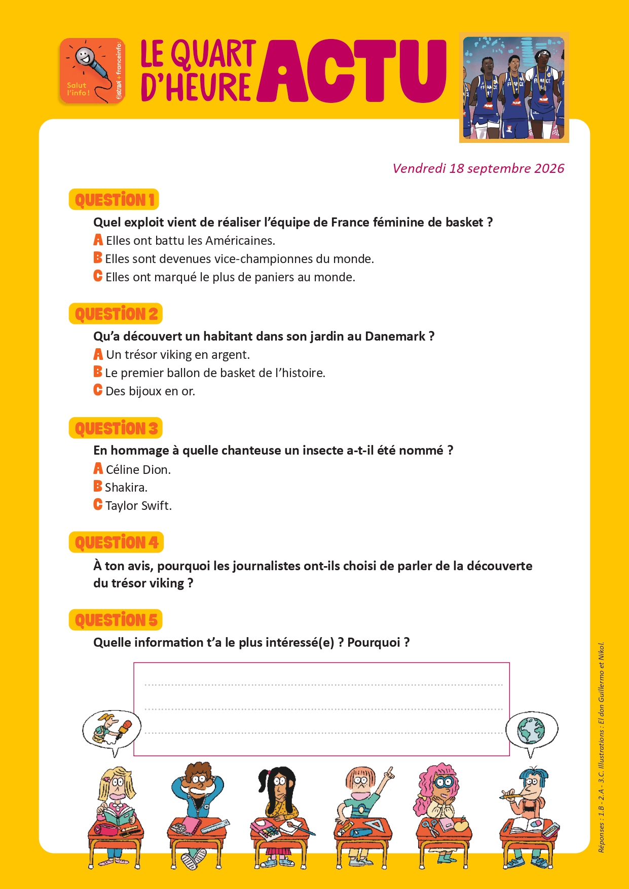 Quiz Quart d'heure Actu du 18 septembre 2026. Records des basketteuses françaises. Illustrations : El don Guillermo et Nikol.