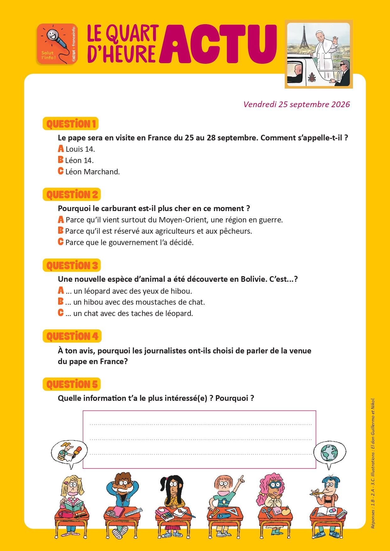 Quiz Quart d'heure Actu du 25 septembre 2026. Le pape Léon XIV en France. Illustrations : El don Guillermo et Nikol.