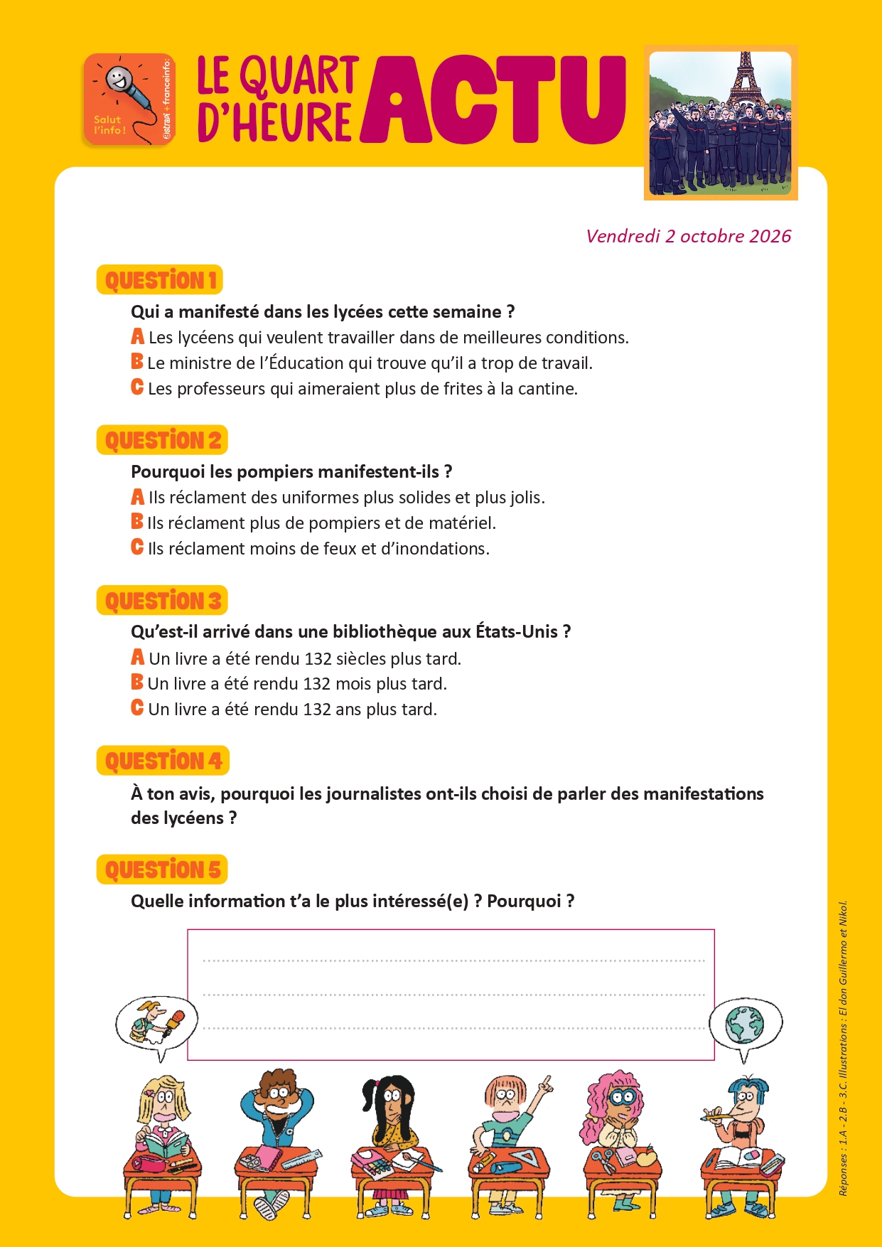 Quiz Quart d'heure Actu du 2 octobre 2026. Grève des pompiers. Illustrations : El don Guillermo et Nikol.