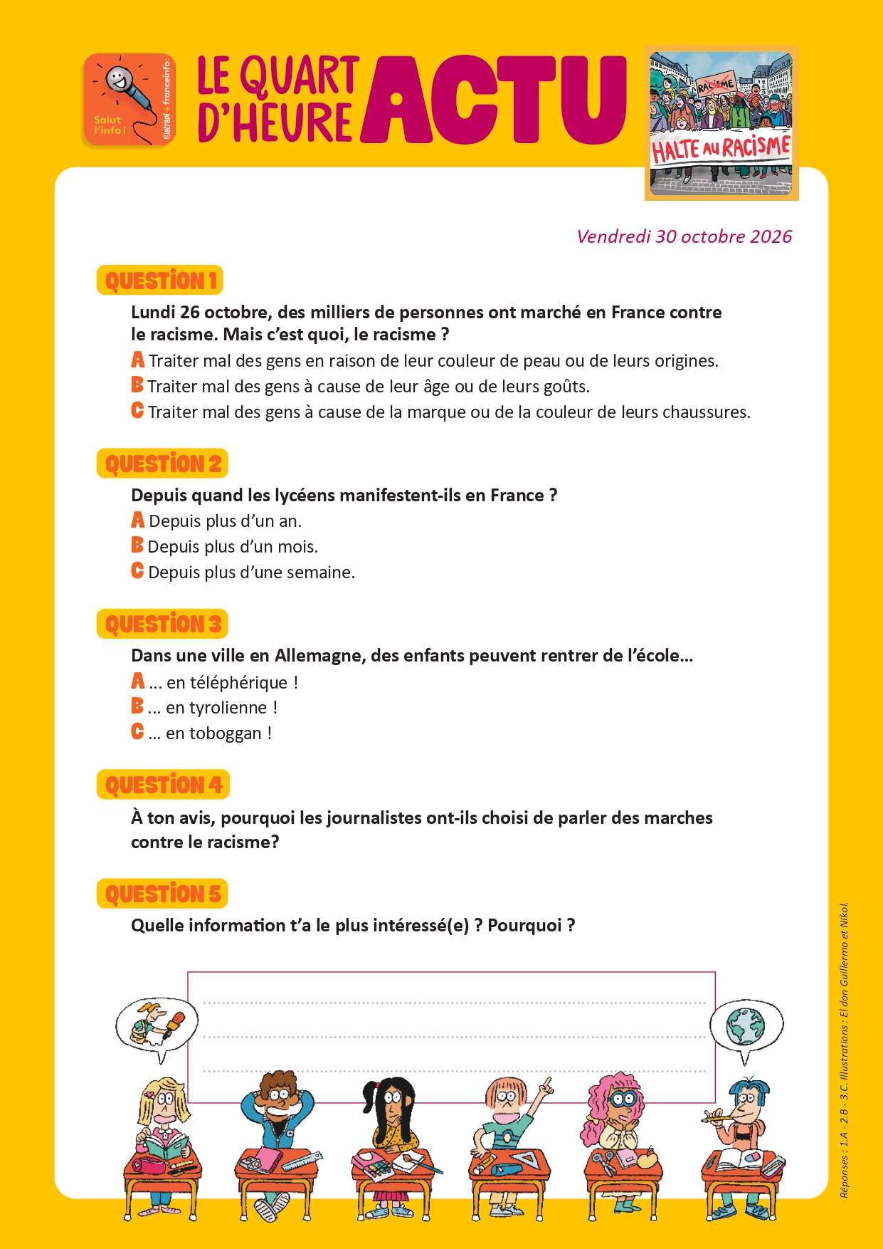 Quiz Quart d'heure Actu du 30 octobre 2026. Marches contre le racisme en France. Illustrations : El don Guillermo et Nikol.