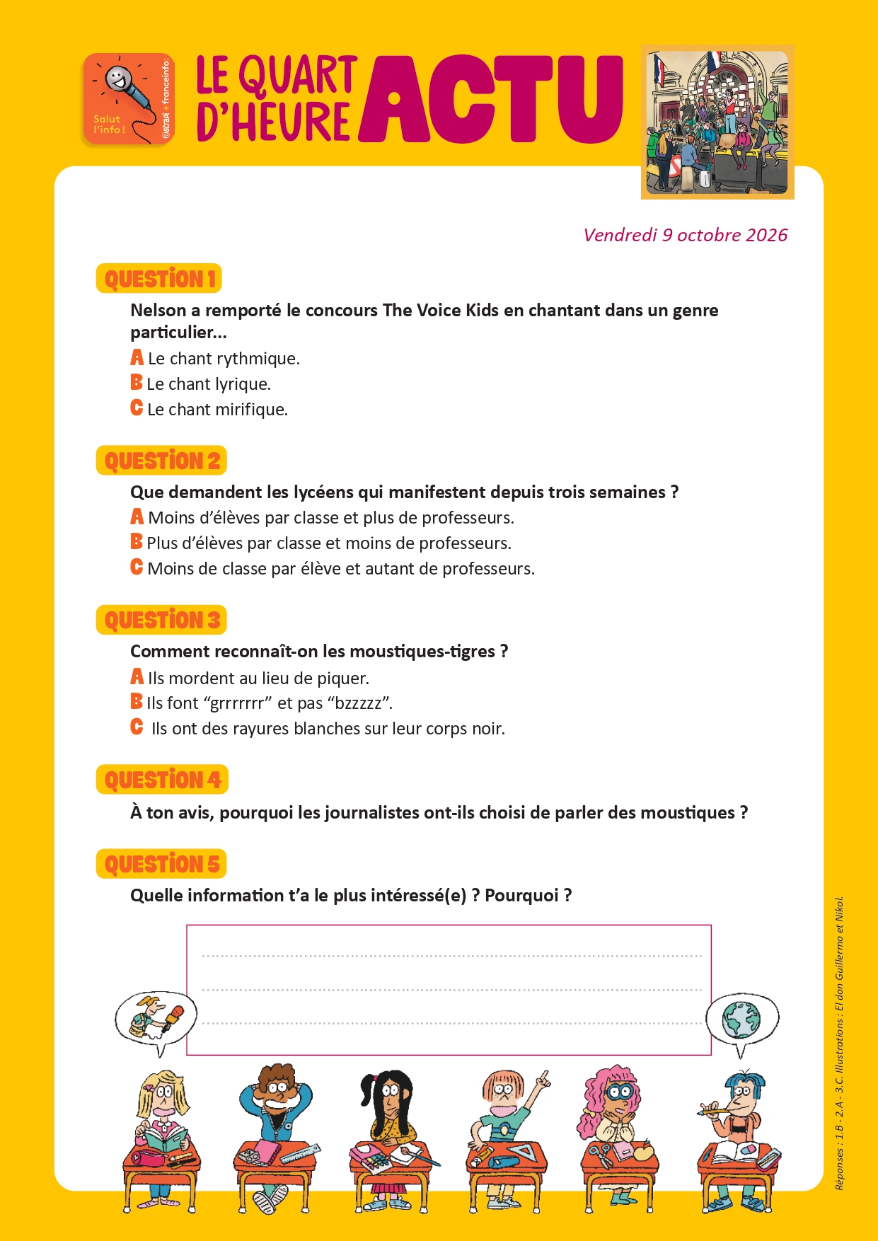 Quiz Quart d'heure Actu du 9 octobre 2026. Manifestations des lycéens. Illustrations : El don Guillermo et Nikol.